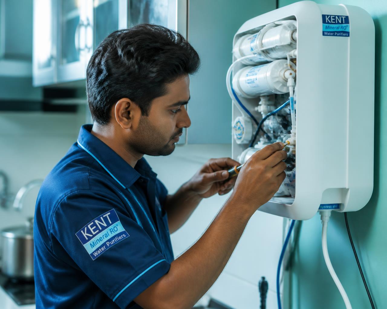 Euro Link Service technician repairing an RO water purifier in Dwarka